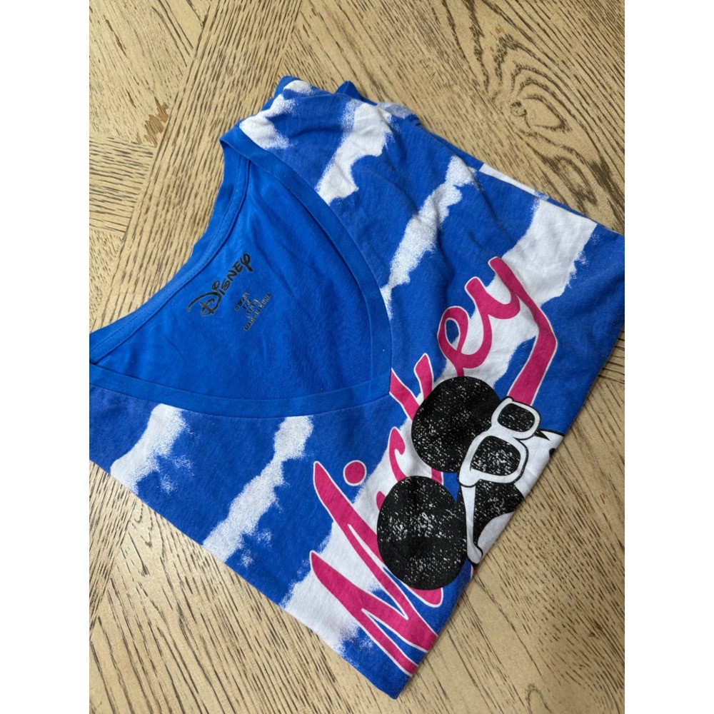 Disney Mickey Mouse V-Neck T-Shirt Blue White Tie Dye Print Women's Large‎